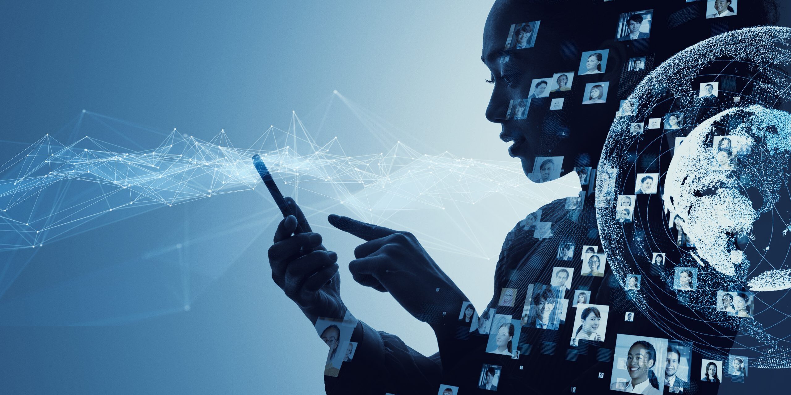 Silhouette of a person using a smartphone with multiple small profile pictures and network lines overlaid; a digital globe appears on the right side, hinting at social engineering tactics in today’s interconnected world.