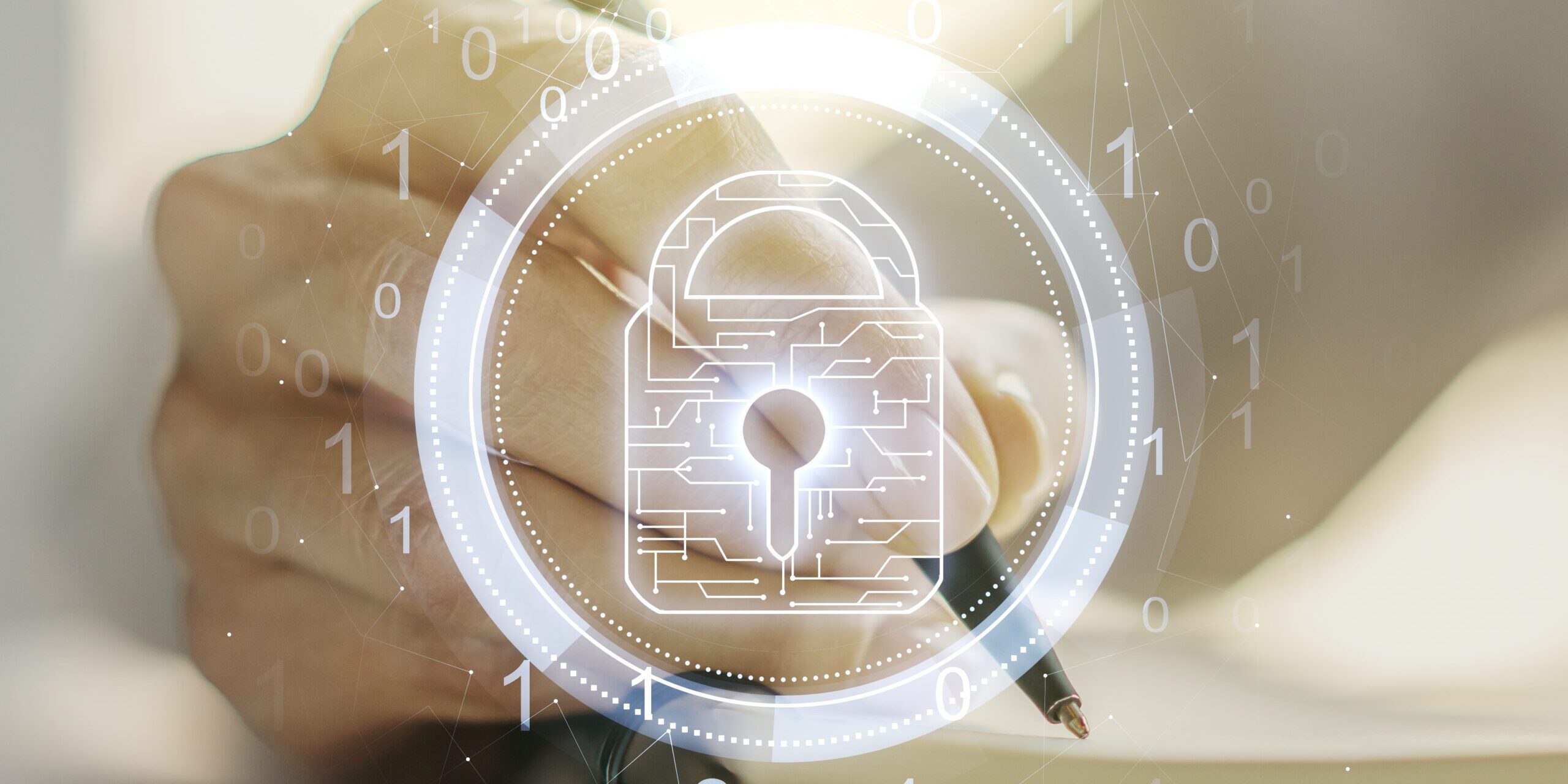 A hand writing with a pen, overlaid with a digital padlock icon and binary code, symbolizing data security and bank security training.