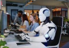 A humanoid robot and a woman wearing a headset work at computers in a modern office, guided by the AI Acceptable Use Policy. Other employees are in the background.