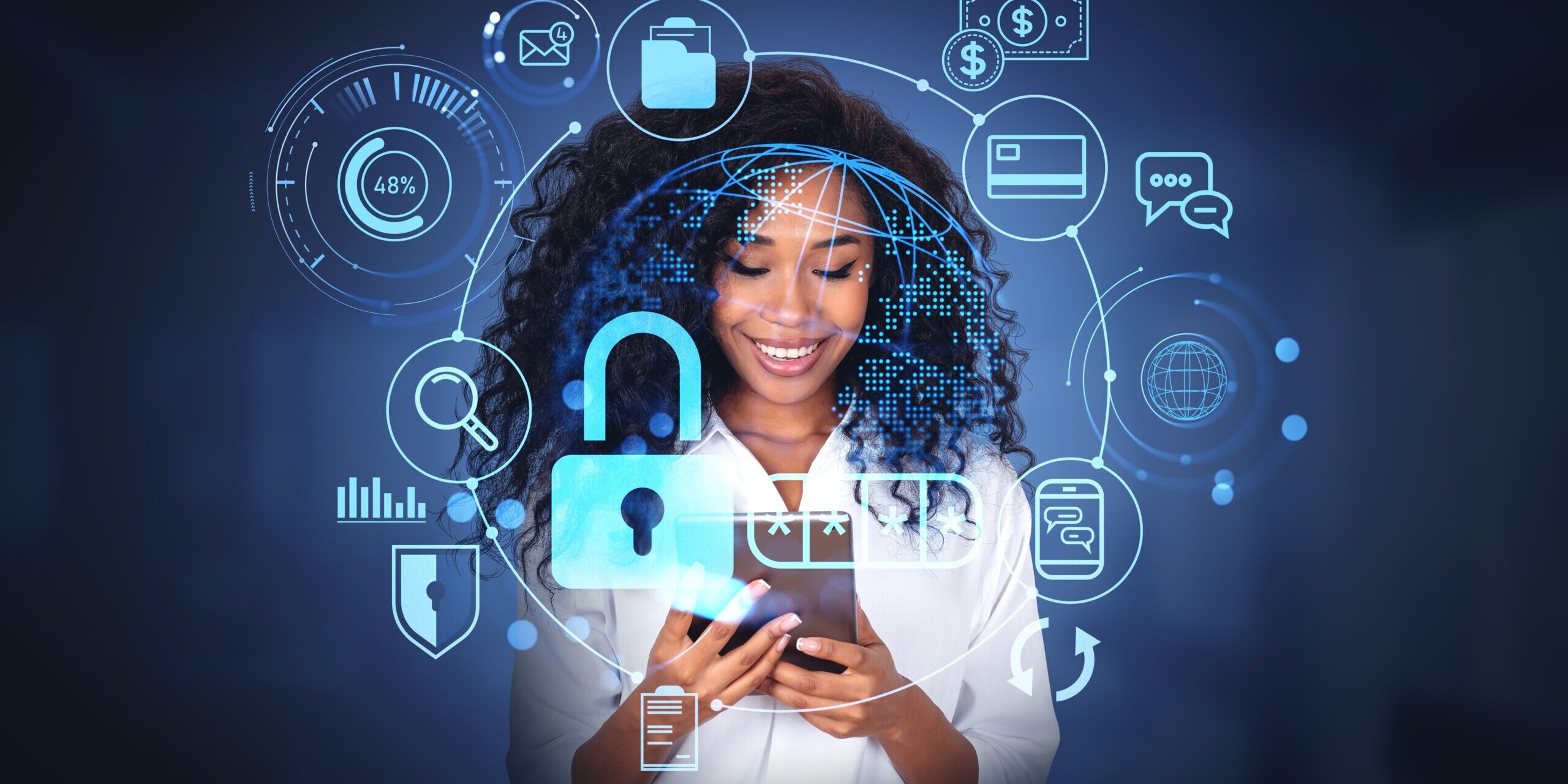 A woman smiles while looking at her smartphone. Surrounding her are various digital icons representing connectivity, security, and technology, including a lock, globe, chat bubbles, and money symbols, all set against a dark, blurred background.