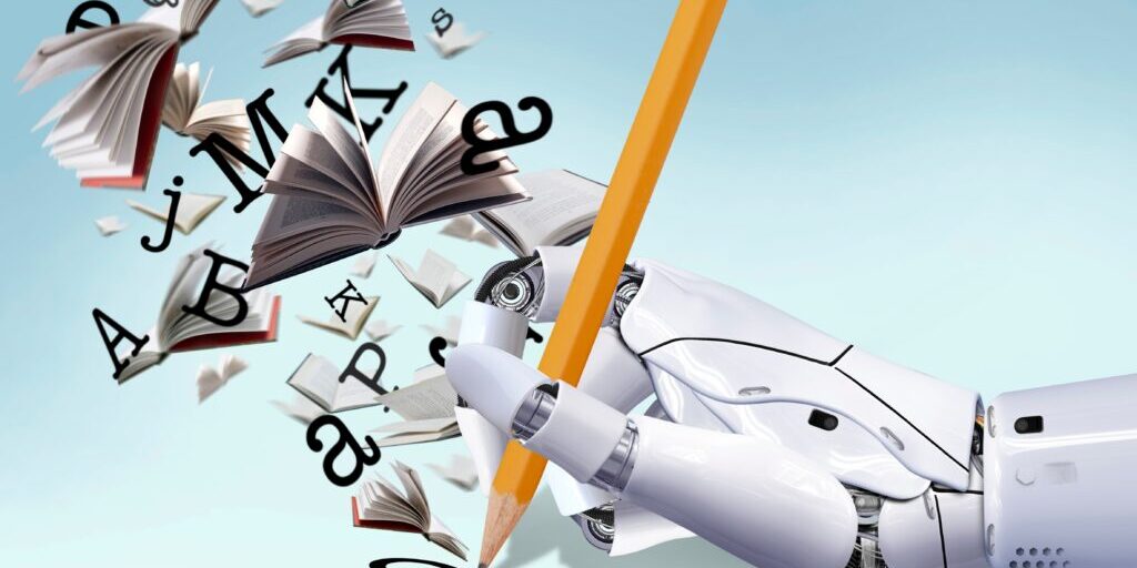 A robotic hand holding a pencil, surrounded by flying books and scattered letters against a light blue background. The image implies the concept of artificial intelligence's involvement in writing, literature, and education, much like a Copilot for Microsoft Word guiding users through their creative processes.