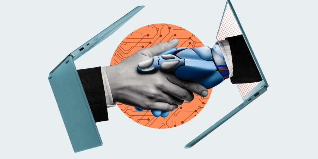 A digital illustration depicts a human hand shaking hands with a robotic hand, emerging from two laptops facing each other. The background features an orange circular circuit pattern, emphasizing the theme of technology and human-robot collaboration, highlighting how innovation serves as our copilot in this journey.