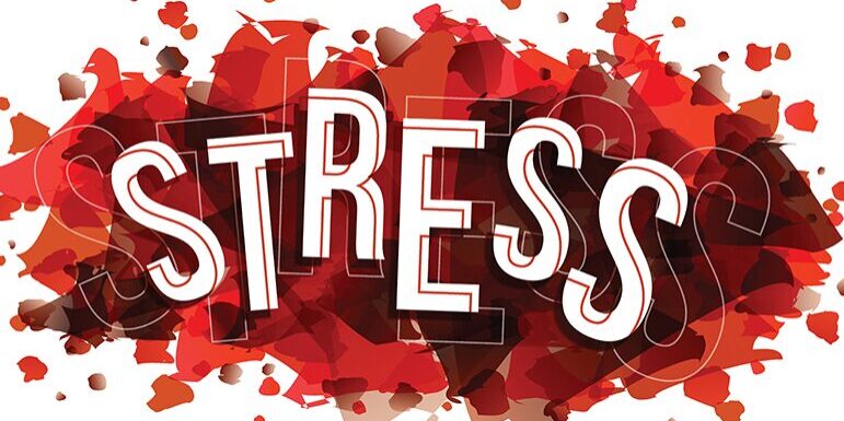 The word "STRESS" is displayed prominently in bold letters against a striking red, abstract paint splatter background.