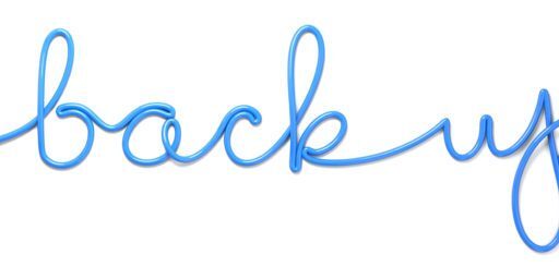 A computer mouse with its USB cable forming the words back up on a white background.