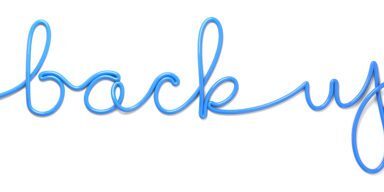 A computer mouse with its USB cable forming the words back up on a white background.