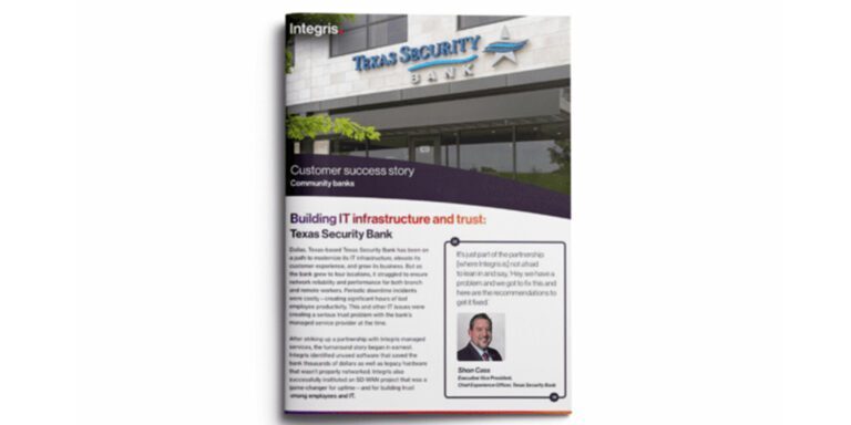 A brochure cover showcases Texas Security Bank’s building, highlighting a customer success story about building IT infrastructure and trust, with an inset photo of a person, their quote, and the Texas Security Bank logo.