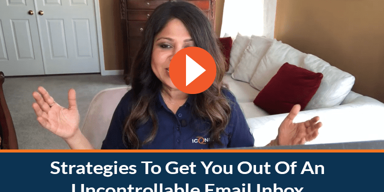A person in a blue shirt gestures while speaking in a video titled "Strategies To Get You Out Of An Uncontrollable Email Inbox".