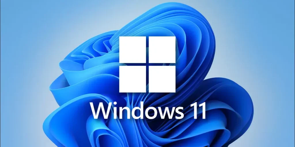Windows 11 logo in white text with a blue abstract background featuring a 3D swirl design.
